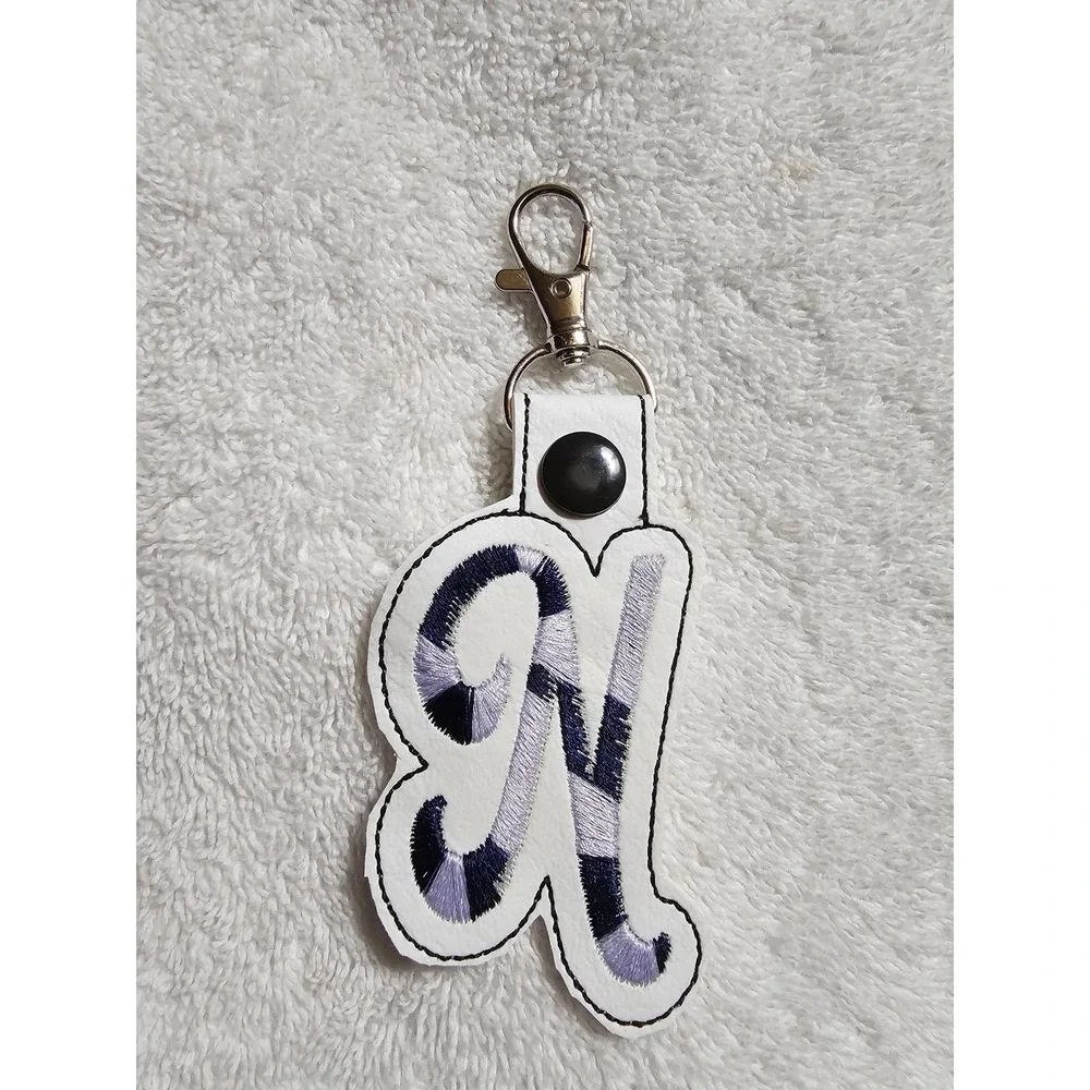 Letter N Keychain Initial Charm Purse Bag Clip Accessory White Purple